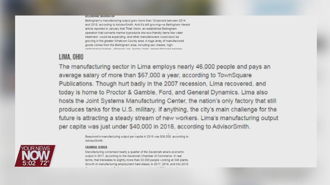 Lima ranked in top 20 U.S. Cities for Manufacturing